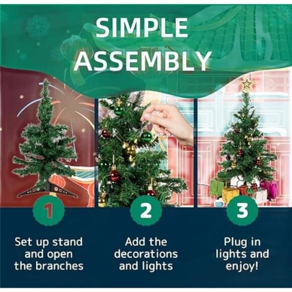 Tabletop Christmas Tree with Lights 2ft/24in/60cm mini artificial Christmas tree - Picture 4 of 7